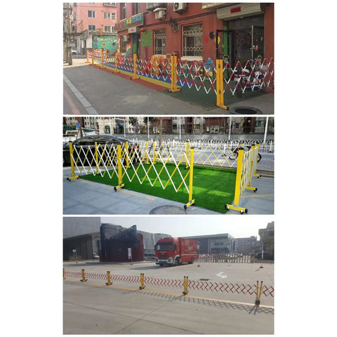 Smooth Setup Rock Solid Expandable Metal Barricade 8.2 Foot Portable Folding Security Gate With Heavy Duty Wheels flexible scissor fence in urban settings.