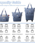 Blue checkerboard rolling duffle bag with wheels; expandable carry-on luggage with shoe bag shown in front and side views.