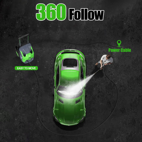 Overhead view of Electric Pressure Washer 2200 PSI 2.0 GPM Beast Power Cleaner in use washing a green car with visible power cable