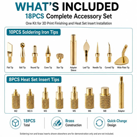 18-Piece Pro-Grade 3D Print Finishing Tool Kit With Heat Set Insert Tips And Brass Soldering Iron Tips overview