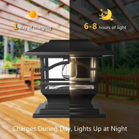 Need These Tight Solar Post Cap Lights For Fences Decks And Patios Featuring Killer Edison Style Bulbs That Auto Trigger At Dusk In Fresh Slate Black Trim on wooden deck.