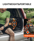 Multi Sided Archery Target Block With Self Healing XPE Foam Core and Polymer Fiber, shown handheld and portable in car trunk
