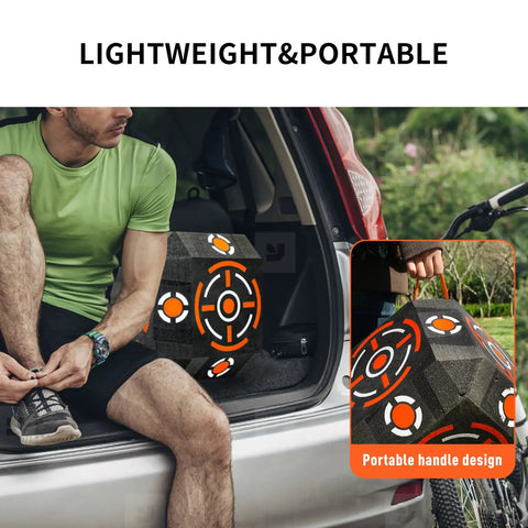 Multi Sided Archery Target Block With Self Healing XPE Foam Core and Polymer Fiber, shown handheld and portable in car trunk