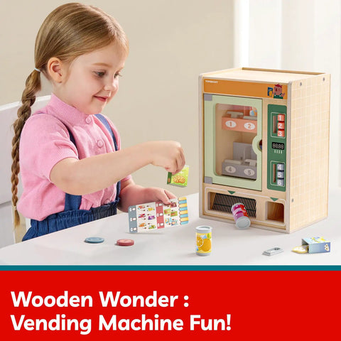Child playing with Wooden Vending Machine Play Set For Kids Built For Realistic Pretend Shopping Fun With Snack Bars And Drink Cans