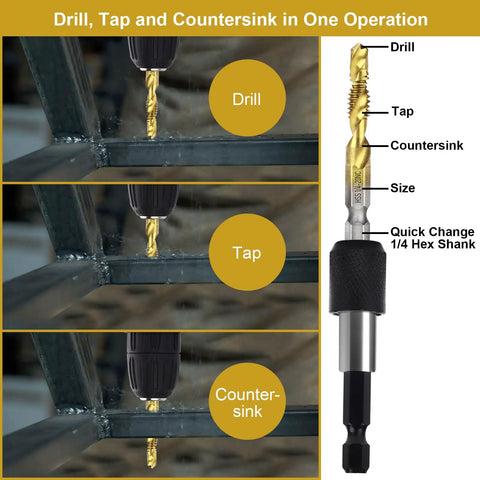 All In One Drill Tap Set With Quick Change Adapter 13 Piece Kit for drilling, tapping, countersinking metal with quick change adapter.