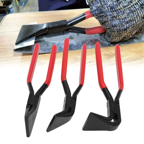 Heavy Duty Metal Bending Pliers With Straight 45 Degree And 90 Degree Jaws For Sheet Metal with red handles on a table