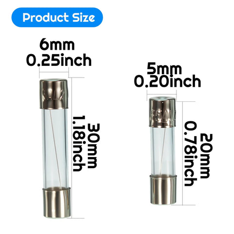 Fast Burning Glass Fuse Kit 275 Pieces With 15 Values, showing 6x30mm and 5x20mm fuse sizes with dimensions