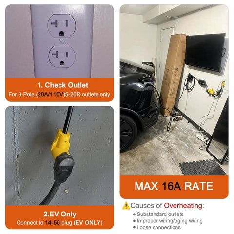 Tesla Level 1 EV Charger Adapter Cord NEMA 5-20P To 14-50R 10AWG 16A Max Setting in residential garage setup