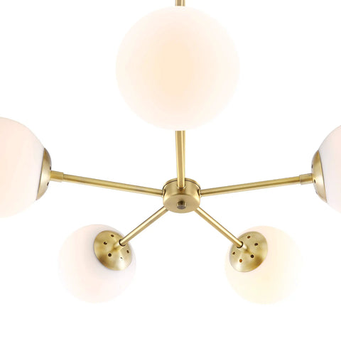 Grammercy 5 Light Chandelier Pendant In Brushed Brass With White Frosted Globes Classic Retro Chic Mid Century Modern Ceiling Fixture