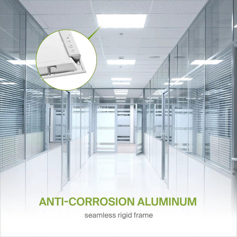 Workhorse 2x2 LED Flat Panel Light 25W 3250LM 5000K Daylight Dimmable Ceiling Panels in modern office corridor
