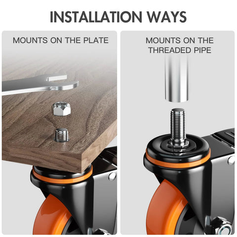 Installation methods for 4 Inch Heavy Duty Caster Wheels Set Of 4 With Threaded Stem Half Inch Screw Diameter And One Inch Stem Length