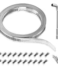 Front view of stainless steel hose clamp kit with coiled perforated strap, L-wrench, and 20 fasteners