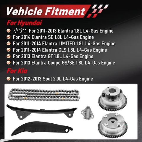 Timing Chain Kit With Intake And Exhaust VVT Gear For Elantra And Soul 1.8L 2.0L Includes Cam Phaser Guide And Tensioner