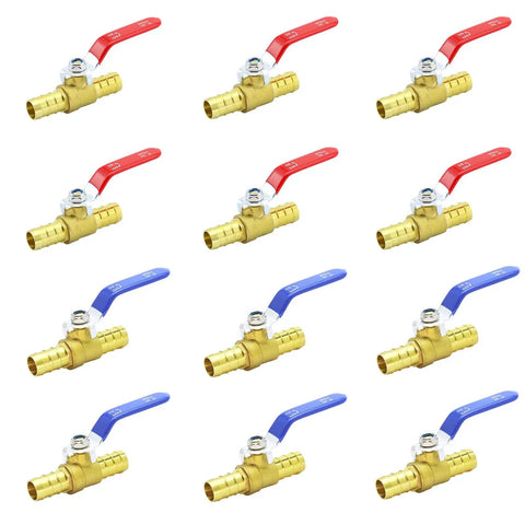 Three Quarter Inch PEX Ball Valve Kit brass full port shut off valves with blue and red handles for water 12 pack valve set