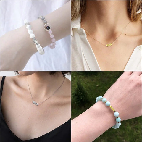 Four images showing jewelry using 50 Pcs Brass Screw Twist Clasps For Jewelry Making Kit Dope Durable Barrel Clasps Cord End Caps.