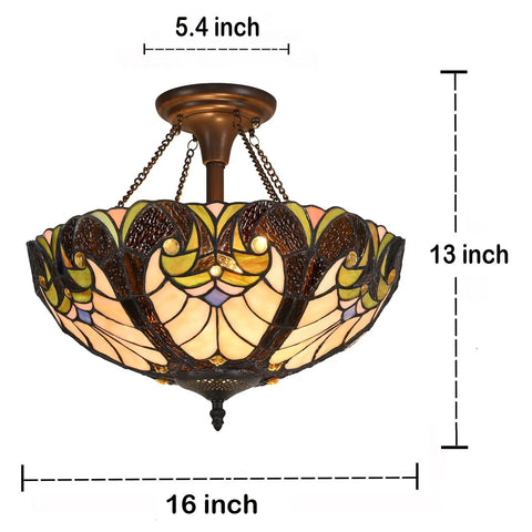 Tiffany Style Stained Glass Ceiling Lamp 16 Inch Wide 2 Light Victorian Semi Flush Mount For Hallway Bedroom Kitchen Amber Cream Glass