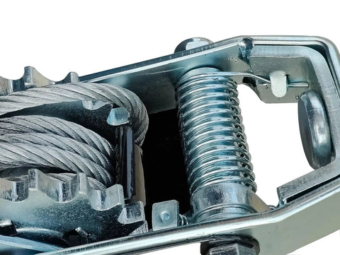 Close-up of 5 Ton Come Along Winch Heavy Duty Dual Gear Power Puller With 3 Hook Steel Cable showcasing gear and cable detail.