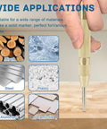 Automatic Center Punch Kit Two Piece Spring Loaded Center Marker Tool in use showing material applications.