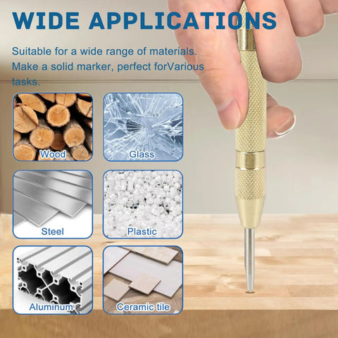 Automatic Center Punch Kit Two Piece Spring Loaded Center Marker Tool in use showing material applications.