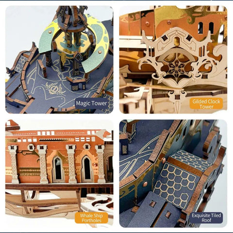 Close-up of Epic 3D Steampunk Whale Airship Wooden Model Kit with clock tower, portholes, and detailed roof features.
