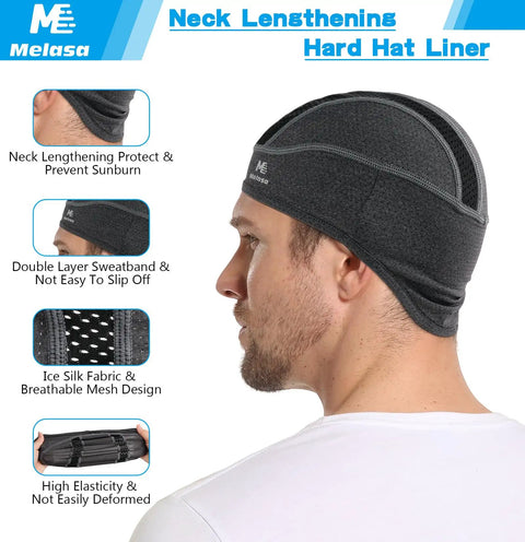 Side view of Cooling Skull Cap Helmet Liner with Neck Extension Sun Protection Stay Cool Breathable Mesh Sweat Cap For Hard Hats Ergonomic Fit Lightweight And Anti Sweat Outdoor Work Essential For Men And Women worn by a model.