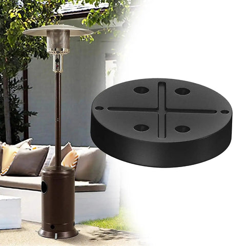Stability Boost Outdoor Heater Weight Bag with sand or water fill shown beside a patio heater, black, durable, weatherproof PP material.