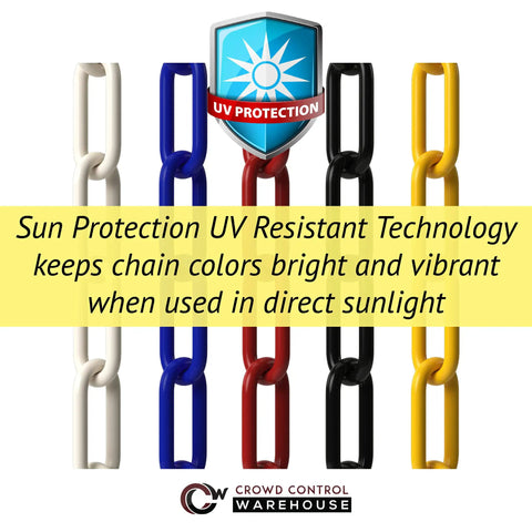 Various colored plastic chains with UV protection symbol, promoting sun-resistant technology for durable color maintenance.