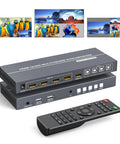 Quad Port HDMI KVM Switch With Seamless Quad Viewer Manages Four Computers On Single Screen Through Hotkey Swap, cables and remote visible