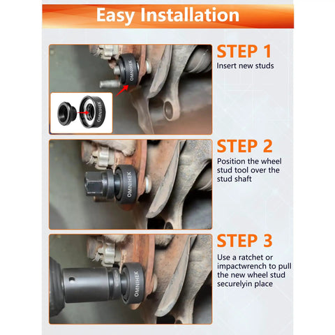 Installation steps using Beefed-Up Seven-Piece Wheel Stud Installer Tool Set For Cars And Light Trucks on hub assembly.