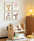 Framed Woodland Nursery Wall Decor 10x10 Inch Cute Baby Wall Art For Kids Safari Animals Artwork Prints 4 Pack Playroom Bedroom Baby Shower Decoration displayed on nursery wall