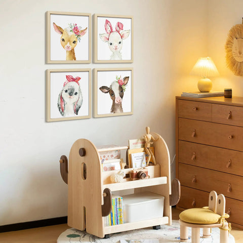 Framed Woodland Nursery Wall Decor 10x10 Inch Cute Baby Wall Art For Kids Safari Animals Artwork Prints 4 Pack Playroom Bedroom Baby Shower Decoration displayed on nursery wall