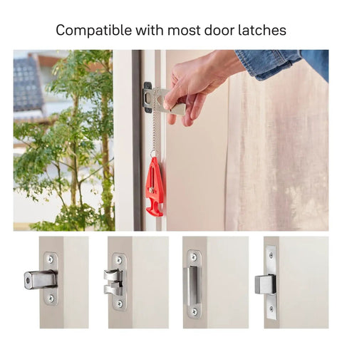 Hand installing a Portable Door Lock Travel Security For Hotels Dorms, blocking various door latch types for extra safety.