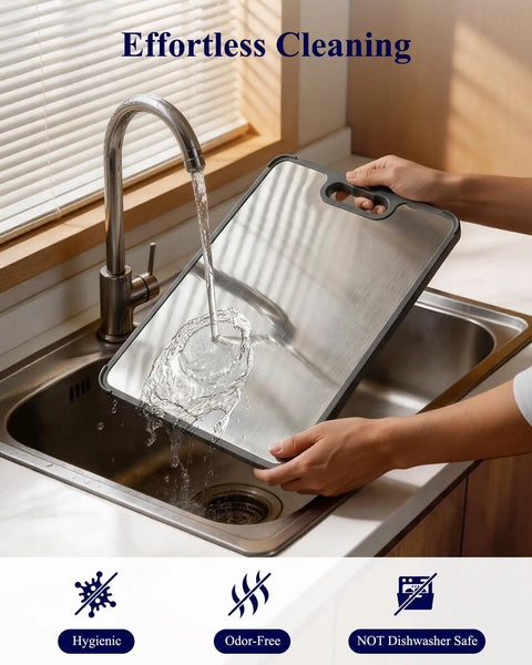 Double Sided Cutting Board With Stainless Steel Edge And Wheat Straw Side Non Toxic Chopping Board rinsed under tap