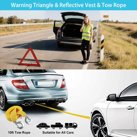 Woman using Roadside Car Emergency Kit With Jumper Cables Shovel First Aid Kit And Safety Tools All In One Auto Truck Vehicle Emergency Bag on roadside with warning triangle and reflective vest.
