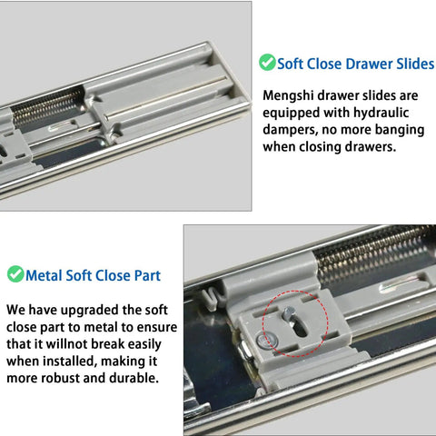 Close-up of Soft Close 22 Inch Drawer Slides For Heavy Duty Side Mount Cabinets showing metal construction and ball bearing rails.