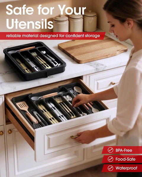 Woman using Expandable Silverware Drawer Organizer For Kitchen Storage And Organization Adjustable Utensil Tray For Forks Knives And Flatware Multipurpose Drawer Solution For Dishes Cosmetics Jewelry And More Grab And Go Space Saving Black Medium