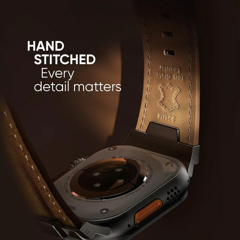Genuine Top Grain Leather Replacement Strap For Apple Watch Ultra And Series Models Featuring Slick Quick Release Buckle and comfy hand-stitched detail.