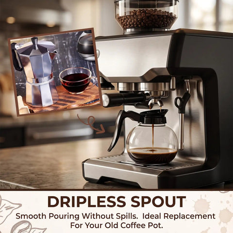 Pro Level Thermal Resistant Glass Coffee Pots 4 Pack 10 Cup 57 Oz Replacement Carafes For Commercial Brewers With Slick Black Handles built for smooth coffee pouring.