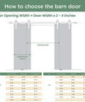 Sizing chart for 56 X 84 Inch Solid Wood Panelled Barn Door Set With Heavy Duty Sliding Hardware Kit For Two Doors Unfinished Surface Ready To Stain DIY Friendly Assembly Fits 52 To 54 Inch Wide Openings.