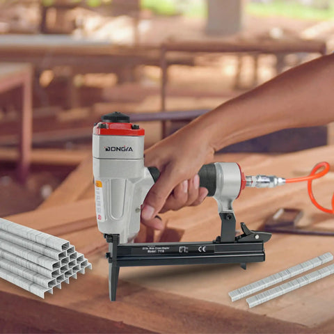 Heavy Duty Pneumatic Upholstery Stapler With 2 Inch Long Nose For Tight Corners 22 Gauge 1/4 To 5/8 Inch Staples in use