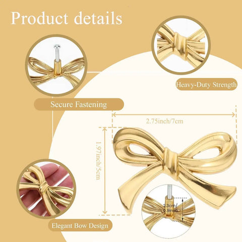 Two Piece Gold Bow Knob Set For Dresser Cabinets And Cupboards Vintage Metal Hardware details and size chart