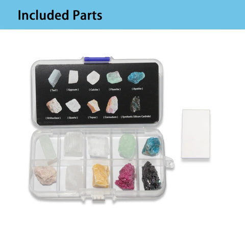 Mohs Hardness Test Kit 11-Piece Set With 10 Mineral Specimens And A Porcelain Streak Plate For Quick Rock ID