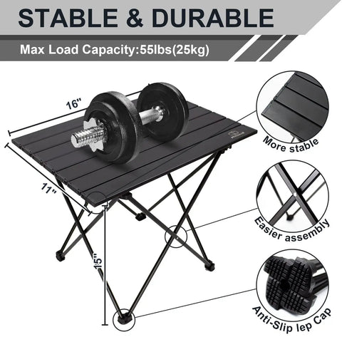 Foldable Aluminum Camping Table, Portable Side Desk with weight, compact, stable, black aluminum surface, 55lbs capacity, outdoor use.