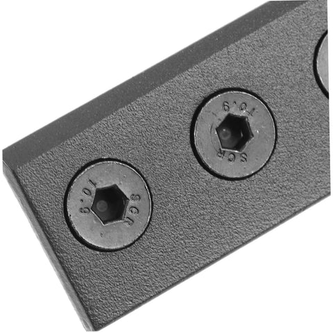 Close-up of black metal mending plates from Sliding Barn Door Hardware Kit With Seamless Track Connector Mending Plates for DIY setup.