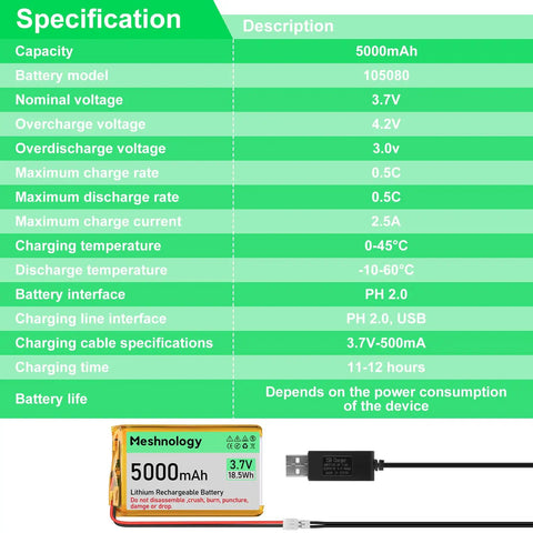 High Capacity 3.7V 5000mAh LiPo Battery With USB Charger Cable 1S Protection Board Insulated Rubber Tape And PH2.0 Plug specification