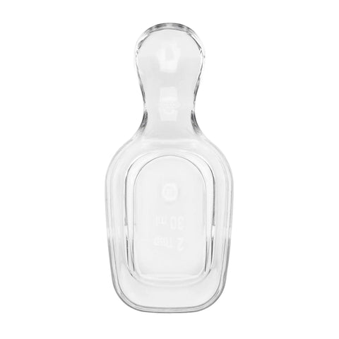 Clear Coffee Scoop For POP Storage Containers, 2 Tbsp 30 mL Capacity, fits under lid, top view showing measurement markings.