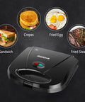 Aigostar Flat Sandwich Maker With Nonstick Deep Grill Surface, Black. Compact design with food options like sandwiches and crepes.