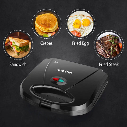 Aigostar Flat Sandwich Maker With Nonstick Deep Grill Surface, Black. Compact design with food options like sandwiches and crepes.