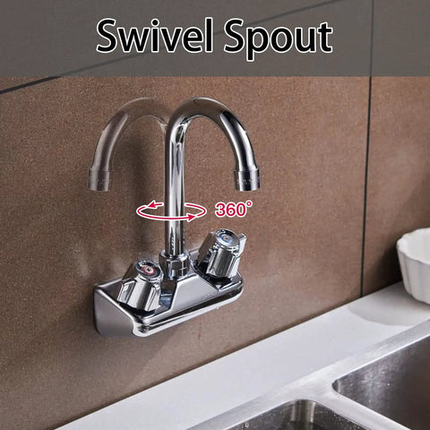 Beefy Pro Grade Commercial Kitchen Sink Faucet Wall Mount With 4 Inch Center Spout Gooseneck Dual Knob Handles Brass Construction Chrome Finish Mixer Tap For Bar And Utility Sinks