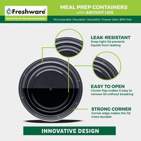 Diagram showing 30 Pack Meal Prep Bowls With Lids, 28 Oz Containers For Soup And Salad, BPA Free, highlighting airtight lid features